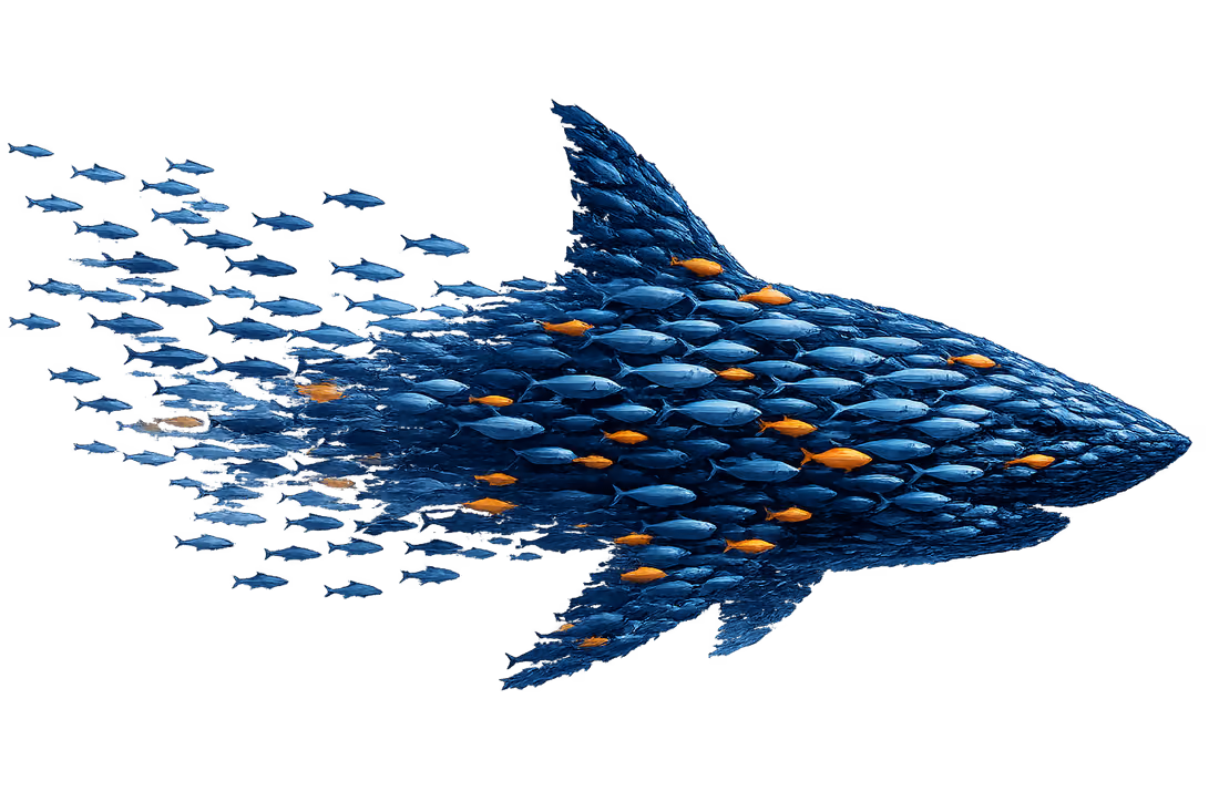 A large shark formed from a school of blue and orange fish