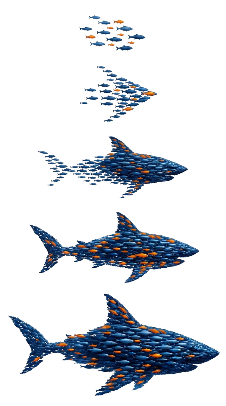 A progression showing a small school of fish growing into ever-larger sharks