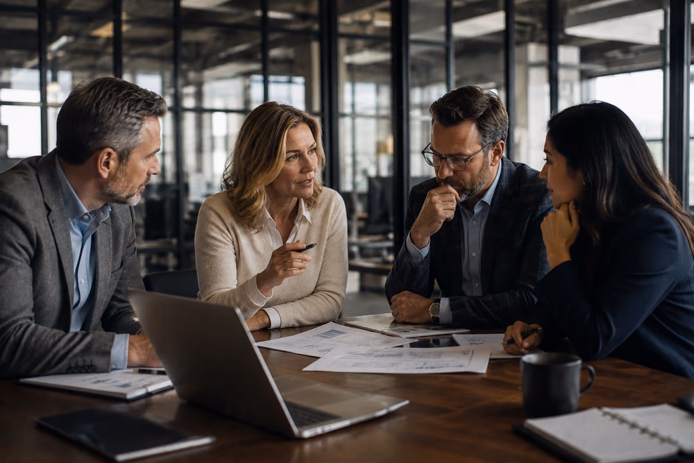 A group of advisors meeting around a conference table