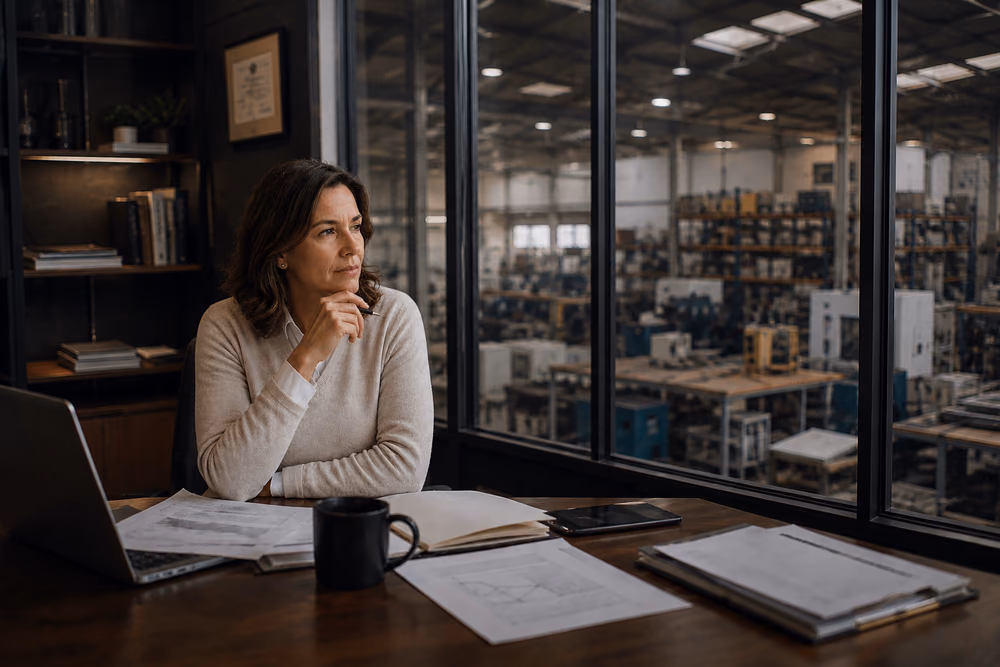 A founder at a desk overlooking her production floor
